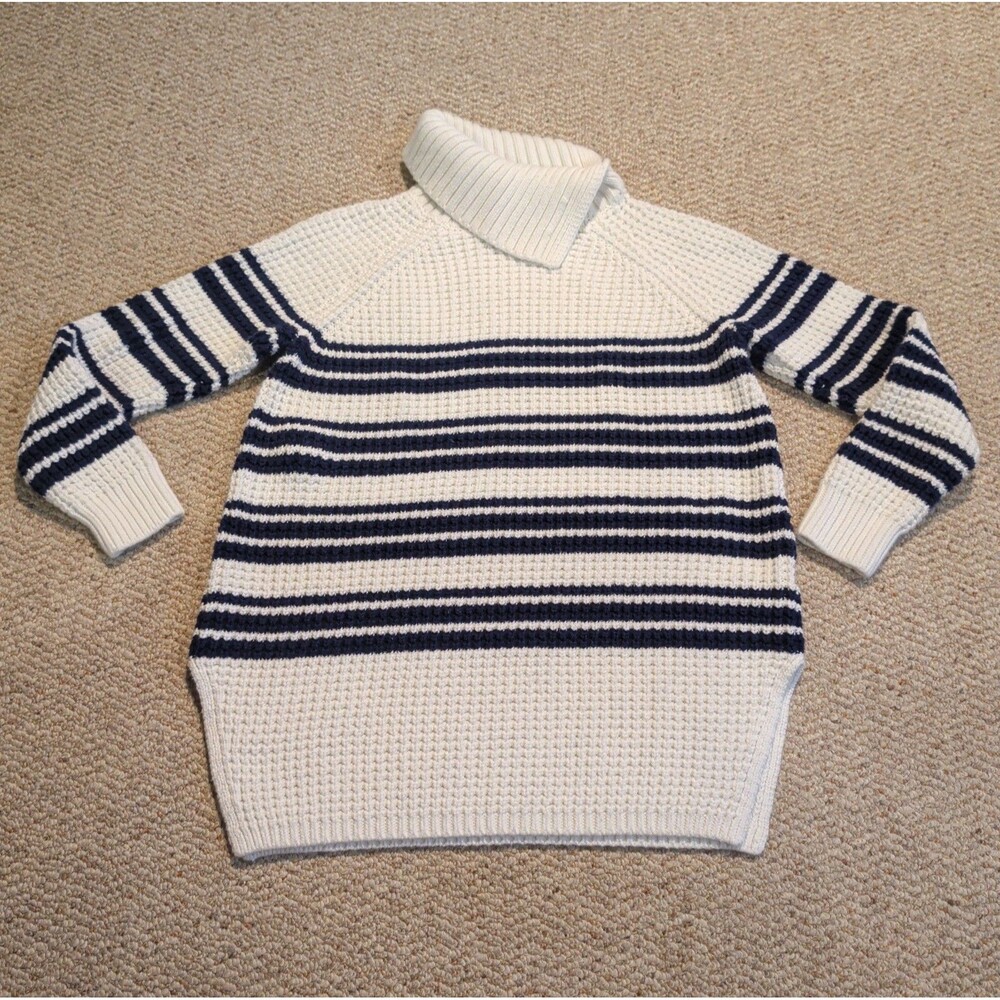 Lands End Striped Waffle Knit Sweater Womens L 14-16 White Blue Nautical Chunky